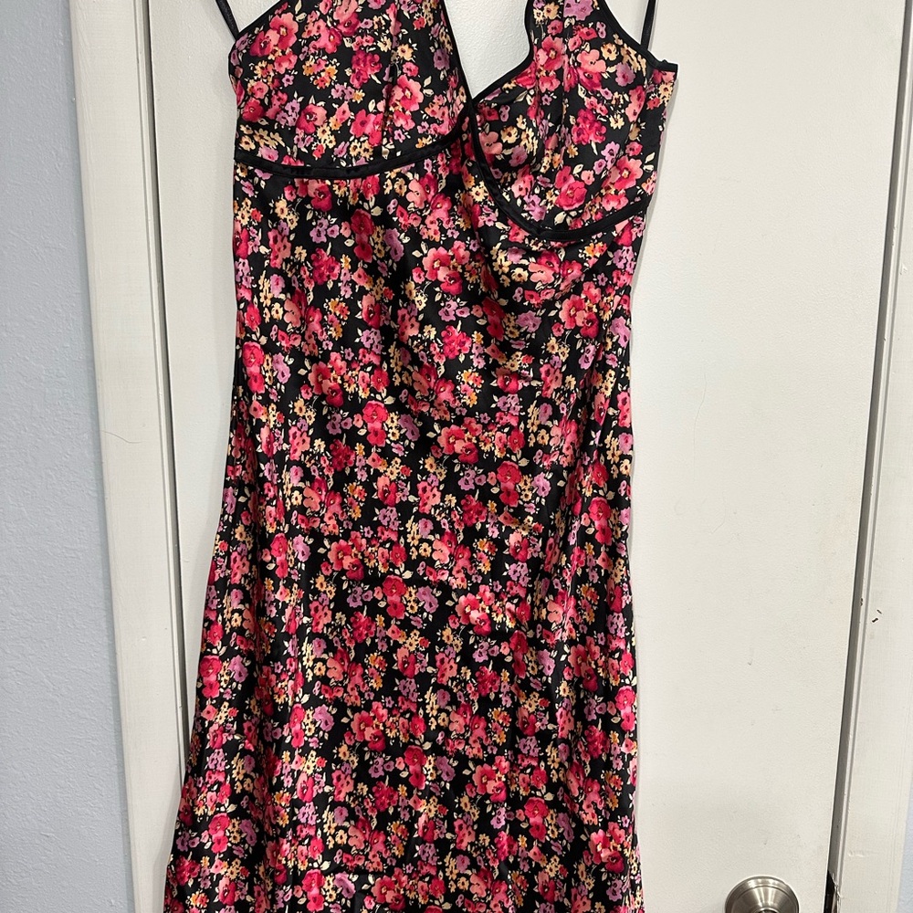 Express Strapless Floral Dress in Black and Pink